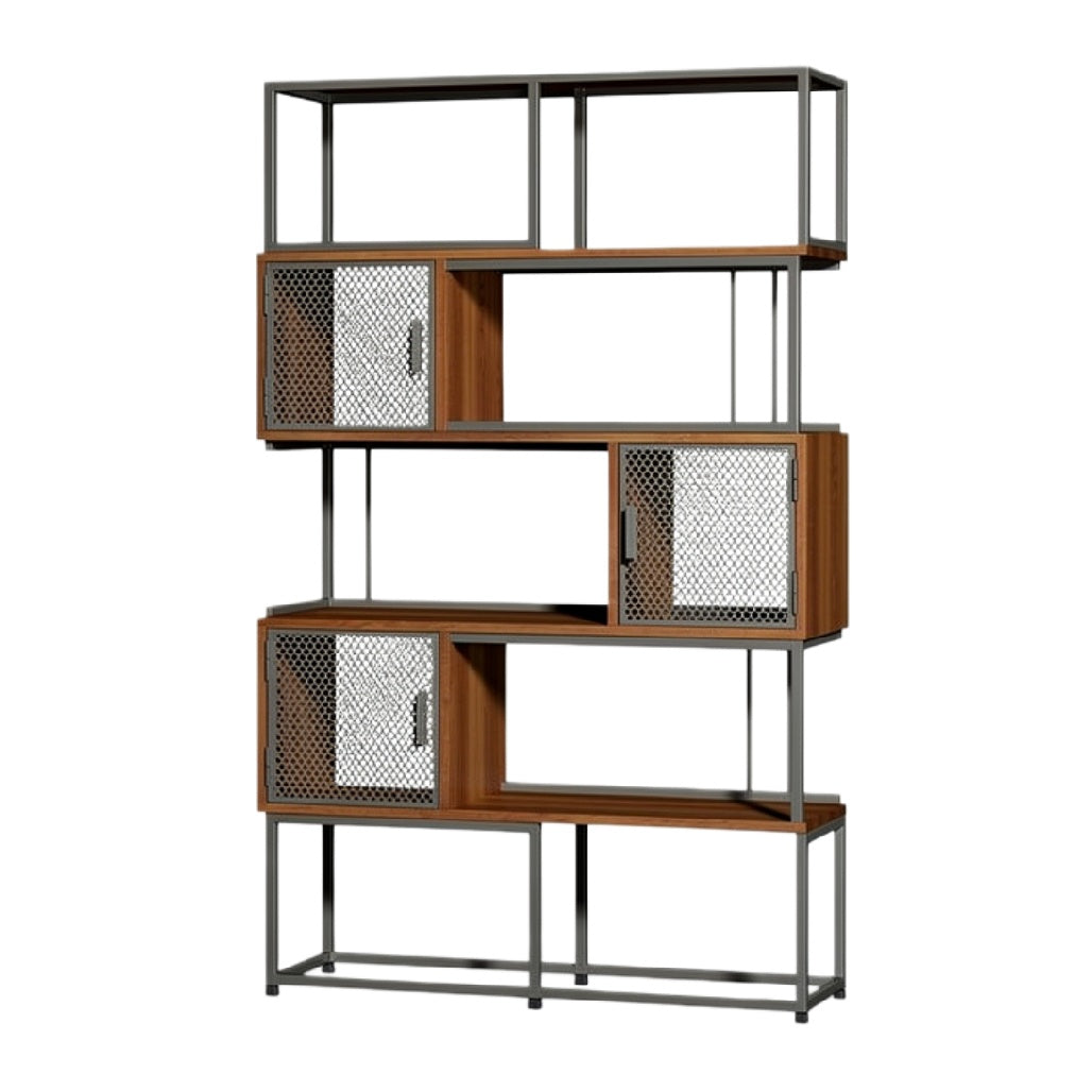 Moderne open kast met metalen en houten elementen
